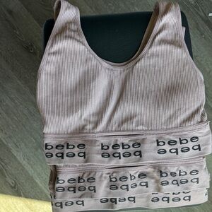 bebe Ribbed Logo Band Sports Bra - Dusty Pink